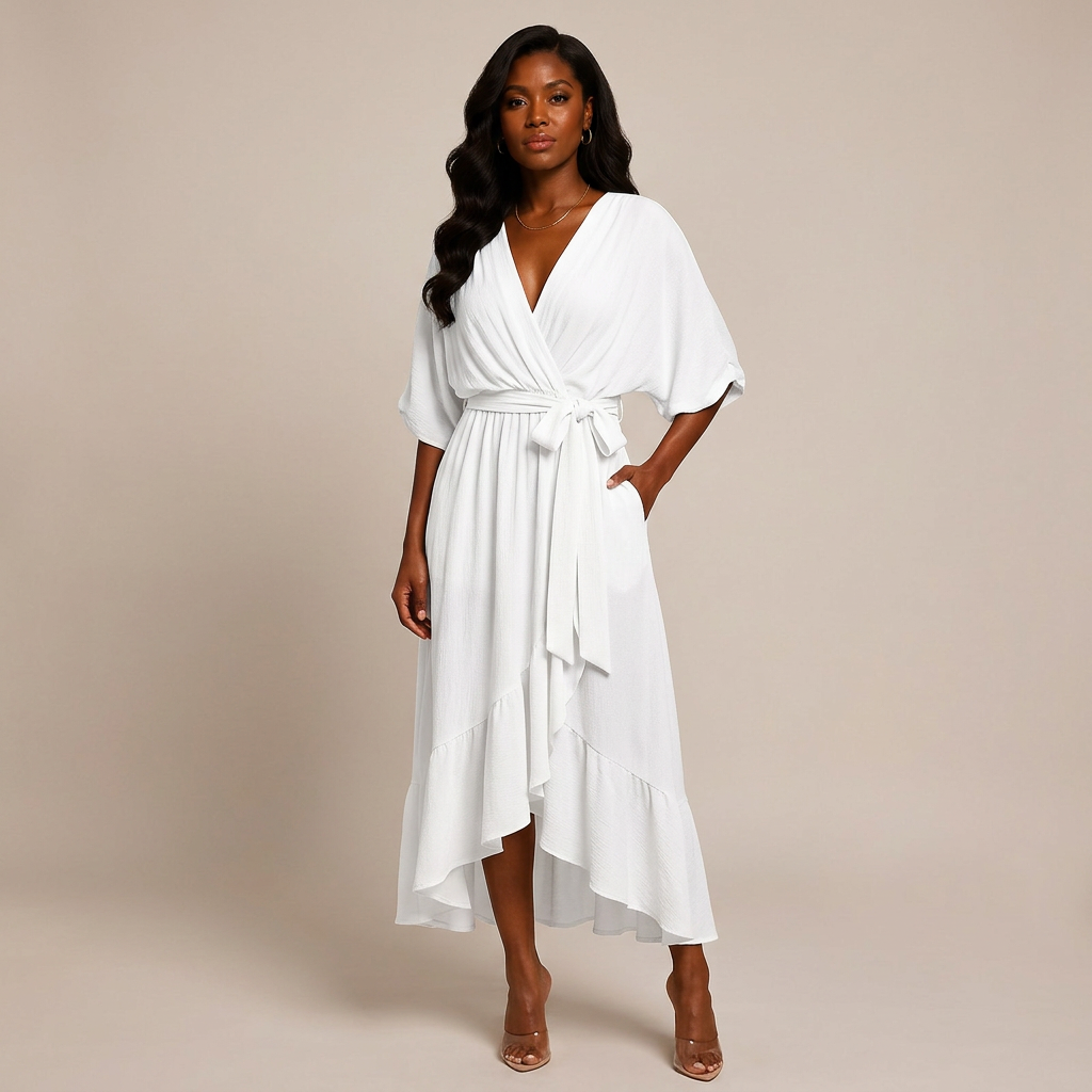 Batwing Sleeve V-Neck Midi Dress for Vacation Getaways and Effortless Summer Elegance Women-Vyana Collective