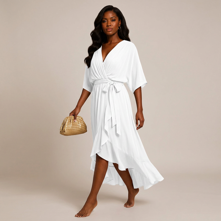 Batwing Sleeve V-Neck Midi Dress for Vacation Getaways and Effortless Summer Elegance Women-Vyana Collective