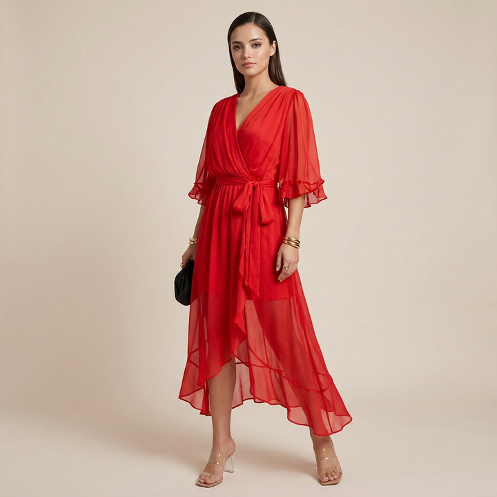 Batwing Sleeve V-Neck Midi Dress for Vacation Getaways and Effortless Summer Elegance Women-Vyana Collective