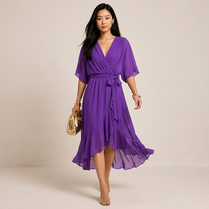 Batwing Sleeve V-Neck Midi Dress for Vacation Getaways and Effortless Summer Elegance Women-Vyana Collective