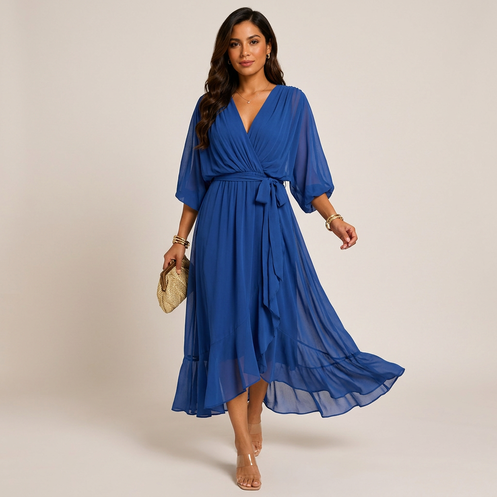 Batwing Sleeve V-Neck Midi Dress for Vacation Getaways and Effortless Summer Elegance Women-Vyana Collective