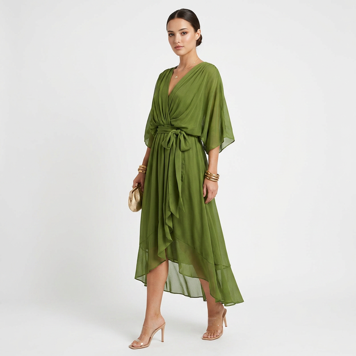 Batwing Sleeve V-Neck Midi Dress for Vacation Getaways and Effortless Summer Elegance Women-Vyana Collective