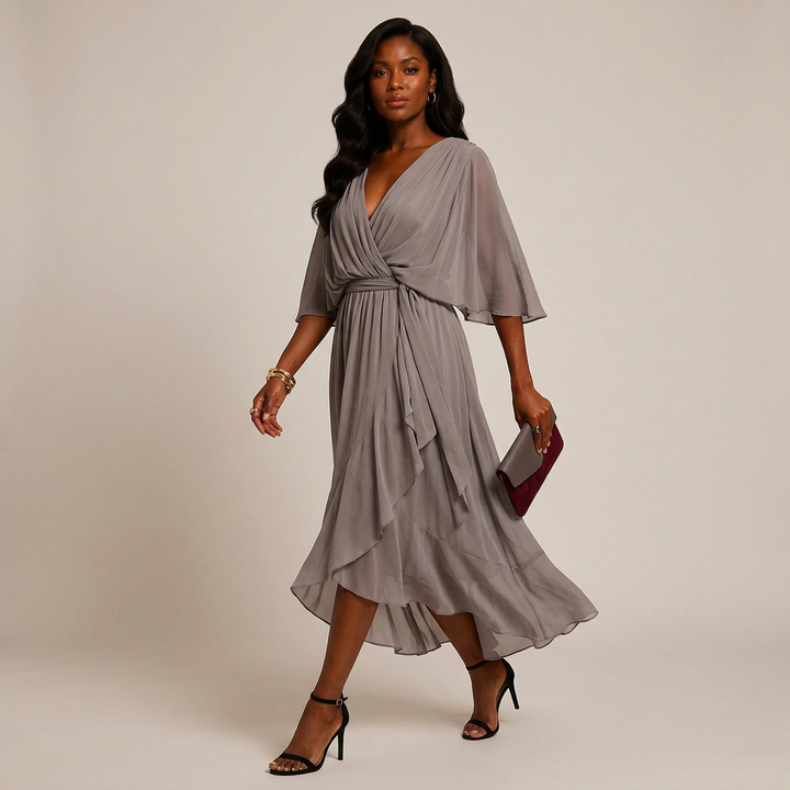 Batwing Sleeve V-Neck Midi Dress for Vacation Getaways and Effortless Summer Elegance Women-Vyana Collective