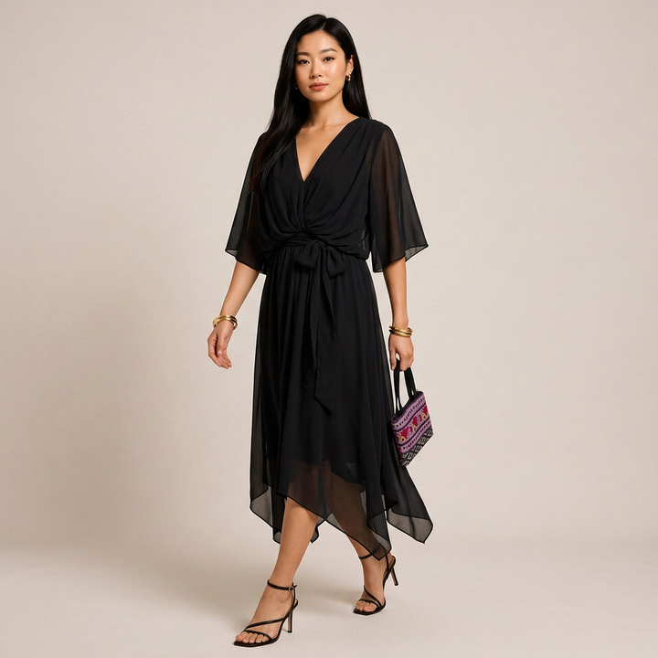 Batwing Sleeve V-Neck Midi Dress for Vacation Getaways and Effortless Summer Elegance Women-Vyana Collective