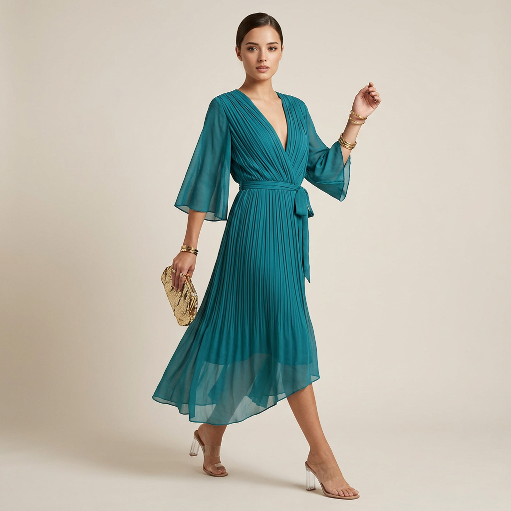 Batwing Sleeve V-Neck Midi Dress for Vacation Getaways and Effortless Summer Elegance Women-Vyana Collective