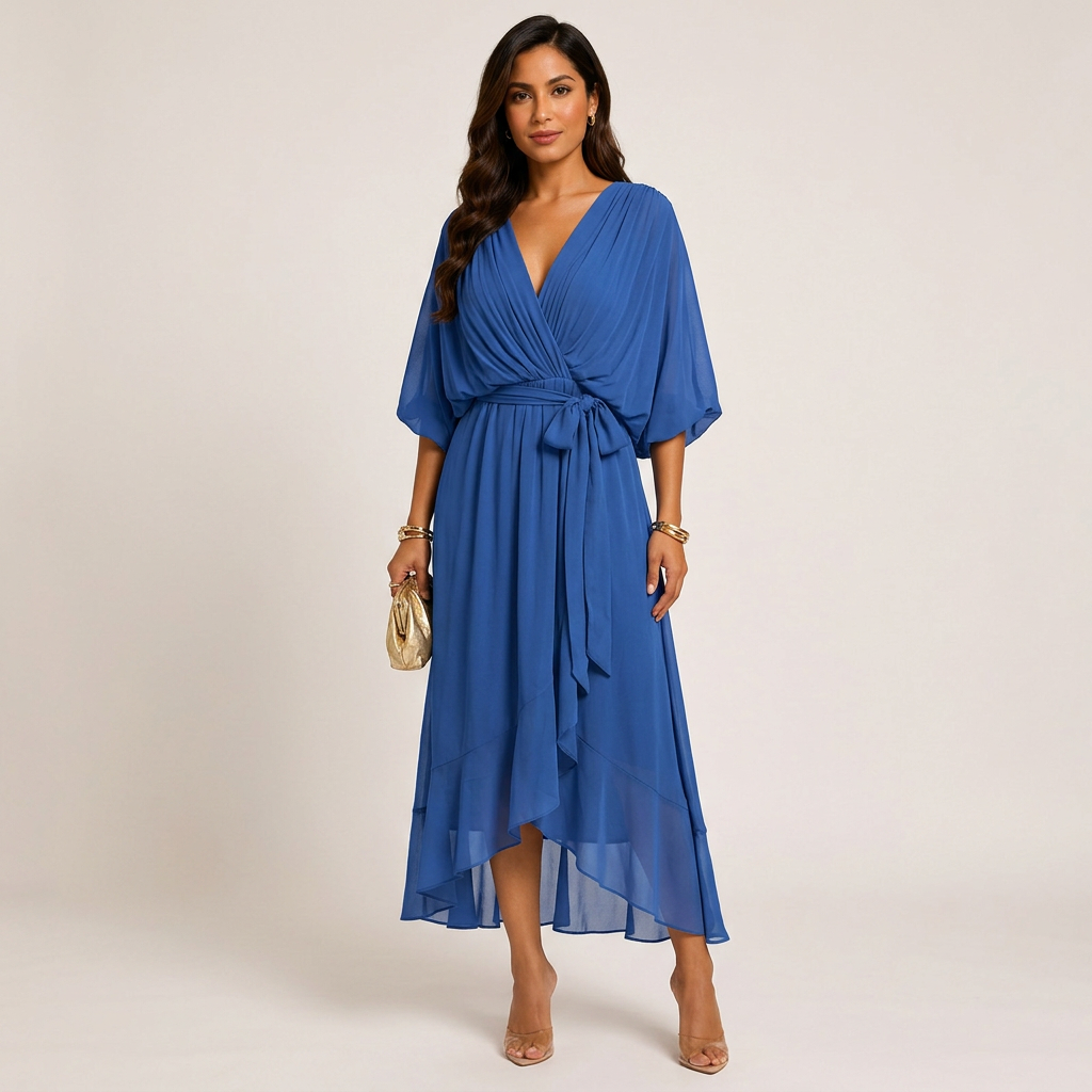 Batwing Sleeve V-Neck Midi Dress for Vacation Getaways and Effortless Summer Elegance Women-Vyana Collective