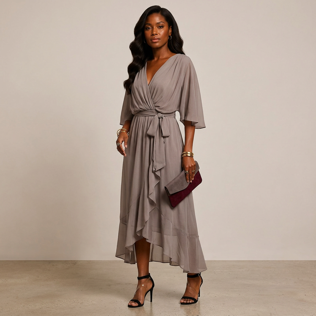 Batwing Sleeve V-Neck Midi Dress for Vacation Getaways and Effortless Summer Elegance Women-Vyana Collective