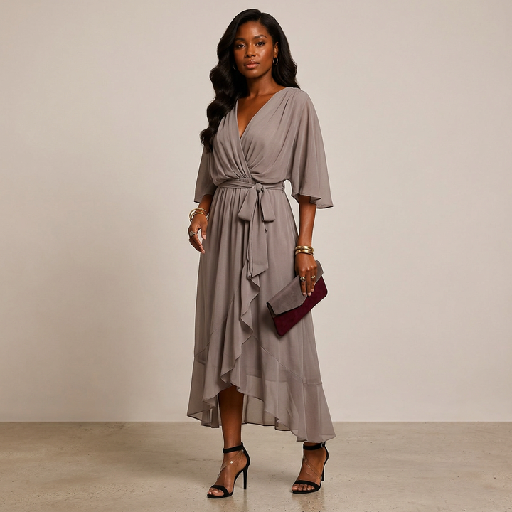 Batwing Sleeve V-Neck Midi Dress for Vacation Getaways and Effortless Summer Elegance Women-Vyana Collective