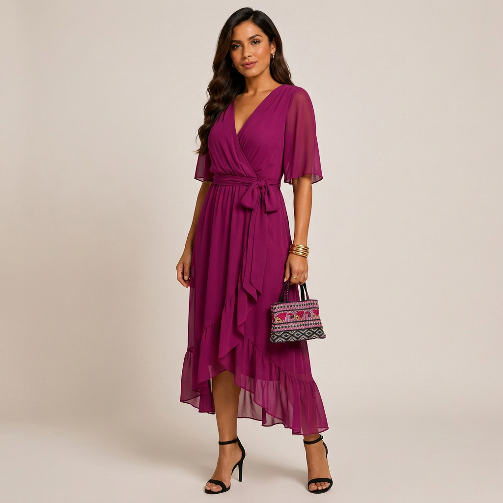 Batwing Sleeve V-Neck Midi Dress for Vacation Getaways and Effortless Summer Elegance Women-Vyana Collective