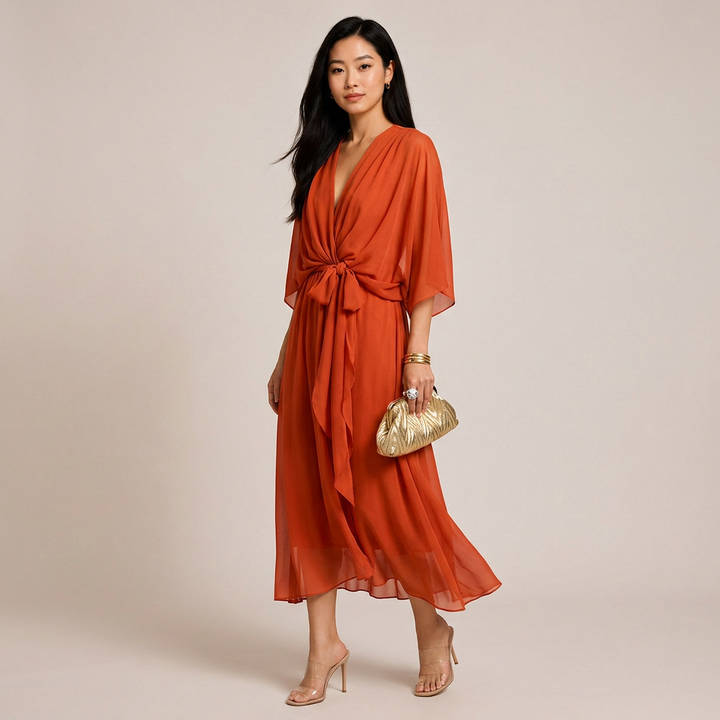 Batwing Sleeve V-Neck Midi Dress for Vacation Getaways and Effortless Summer Elegance Women-Vyana Collective