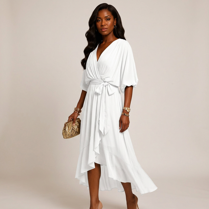 Batwing Sleeve V-Neck Midi Dress for Vacation Getaways and Effortless Summer Elegance Women-Vyana Collective