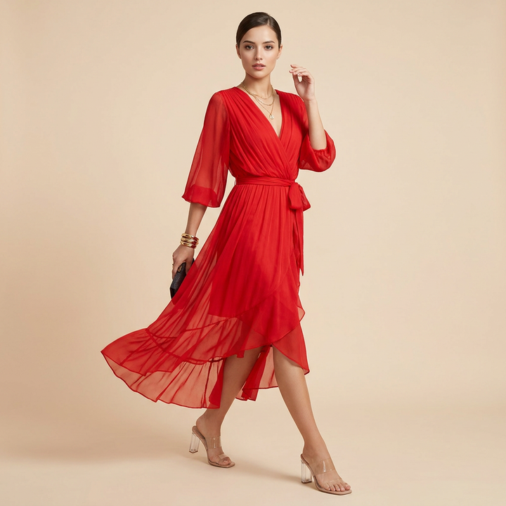 Batwing Sleeve V-Neck Midi Dress for Vacation Getaways and Effortless Summer Elegance Women-Vyana Collective