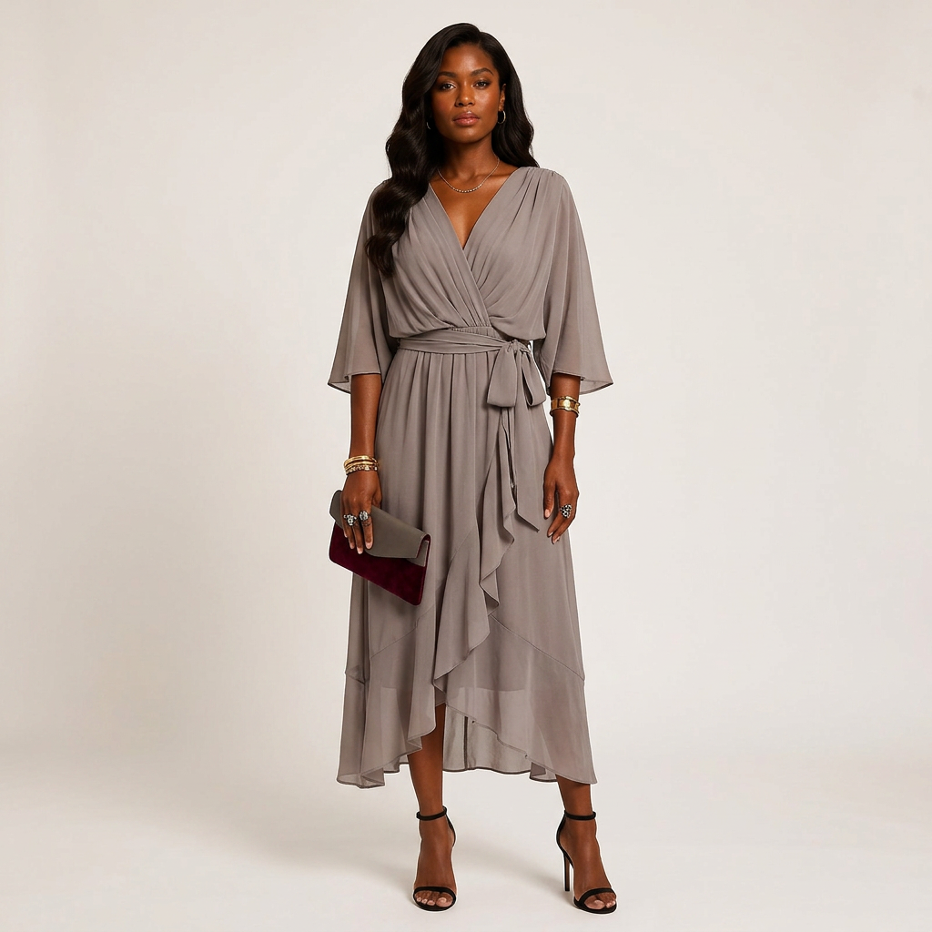 Batwing Sleeve V-Neck Midi Dress for Vacation Getaways and Effortless Summer Elegance Women-Vyana Collective