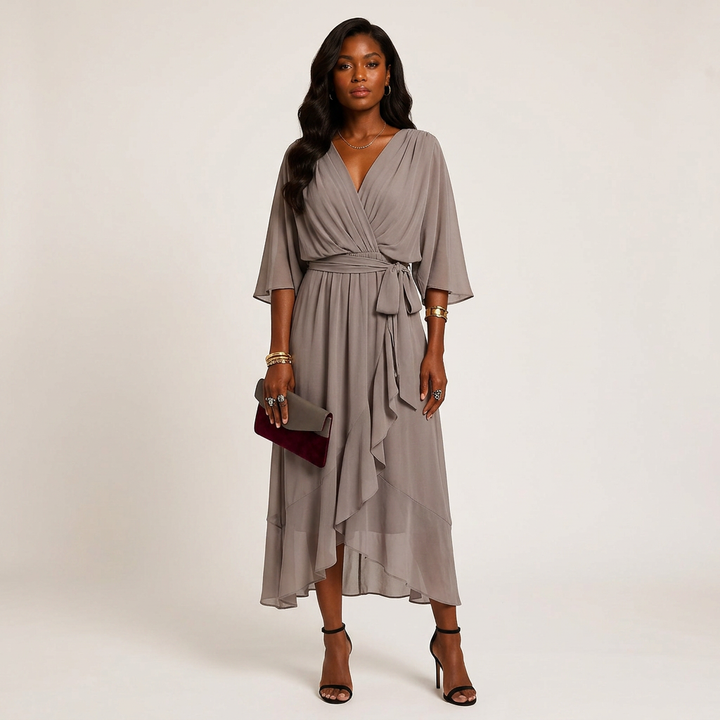 Batwing Sleeve V-Neck Midi Dress for Vacation Getaways and Effortless Summer Elegance Women-Vyana Collective
