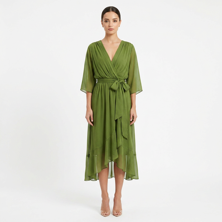 Batwing Sleeve V-Neck Midi Dress for Vacation Getaways and Effortless Summer Elegance Women-Vyana Collective