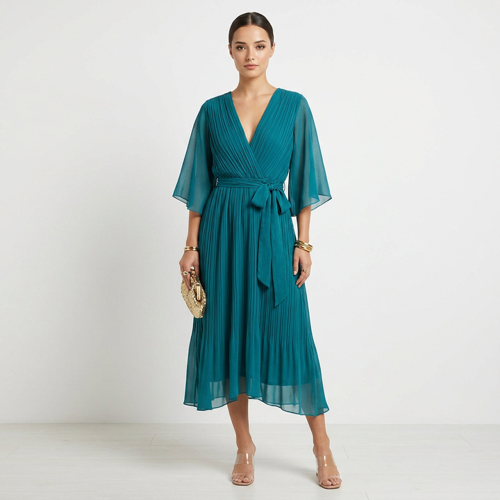 Batwing Sleeve V-Neck Midi Dress for Vacation Getaways and Effortless Summer Elegance Women-Vyana Collective