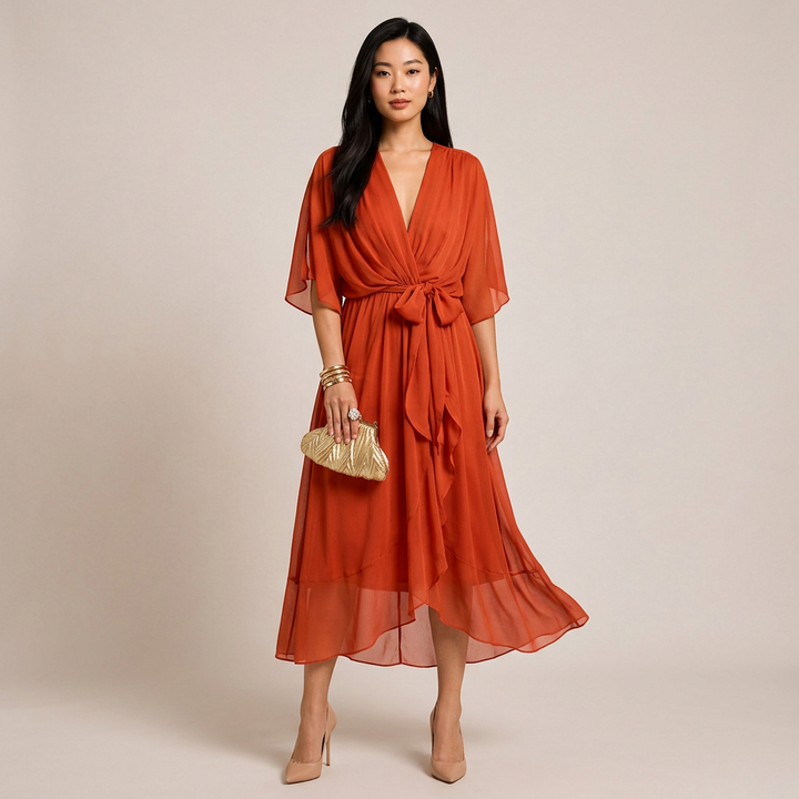 Batwing Sleeve V-Neck Midi Dress for Vacation Getaways and Effortless Summer Elegance Women-Vyana Collective
