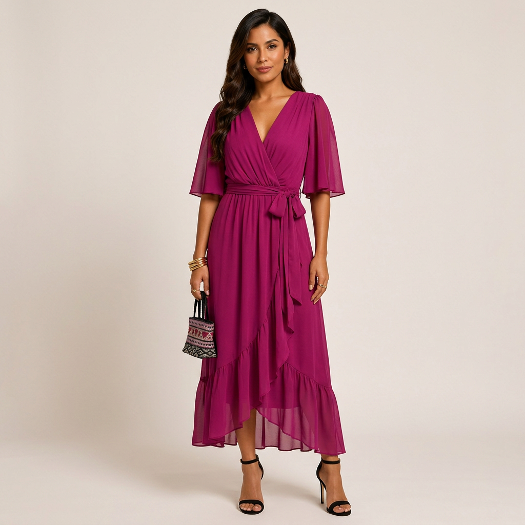 Batwing Sleeve V-Neck Midi Dress for Vacation Getaways and Effortless Summer Elegance Women-Vyana Collective