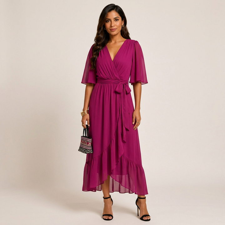 Batwing Sleeve V-Neck Midi Dress for Vacation Getaways and Effortless Summer Elegance Women-Vyana Collective