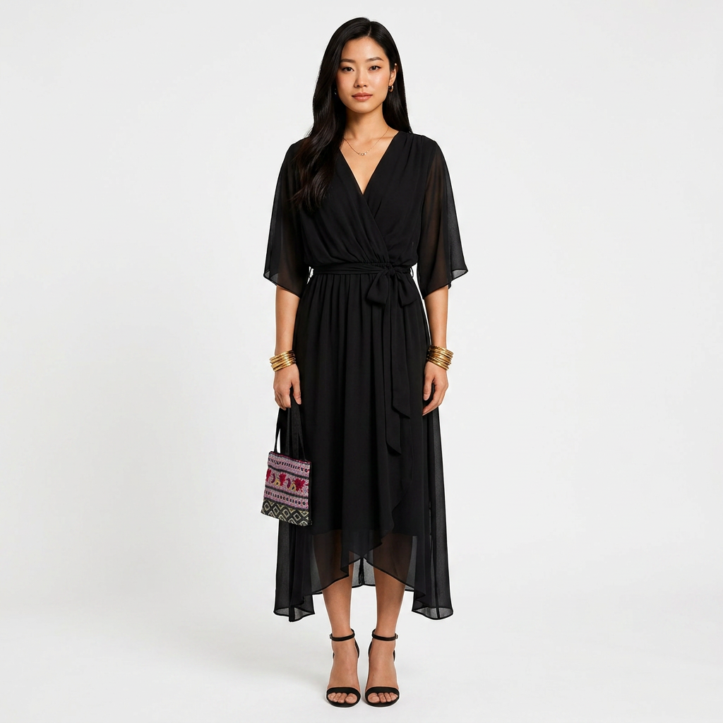 Batwing Sleeve V-Neck Midi Dress for Vacation Getaways and Effortless Summer Elegance Women-Vyana Collective