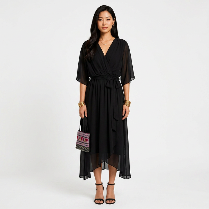 Batwing Sleeve V-Neck Midi Dress for Vacation Getaways and Effortless Summer Elegance Women-Vyana Collective