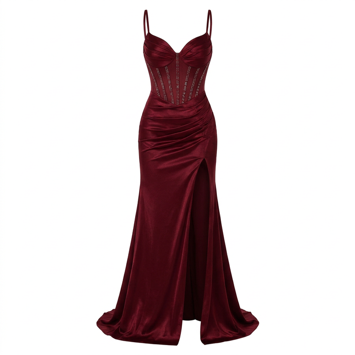 Beaded Corset High-Slit Mermaid Evening Gown-Vyana Collective