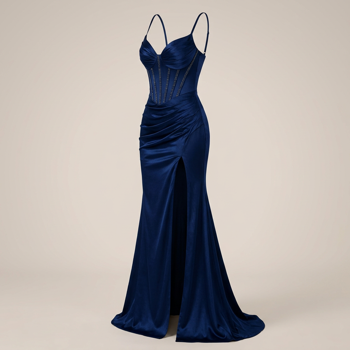 Beaded Corset High-Slit Mermaid Evening Gown-Vyana Collective