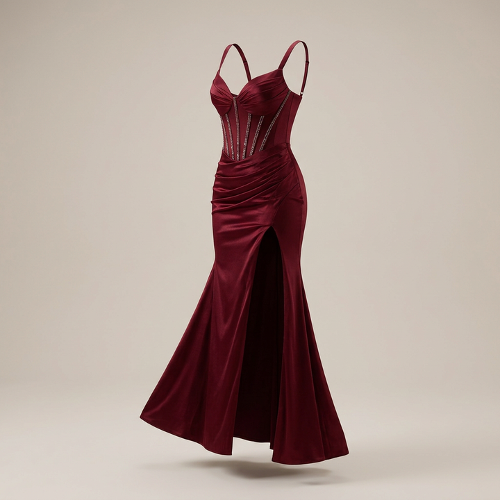 Beaded Corset High-Slit Mermaid Evening Gown-Vyana Collective