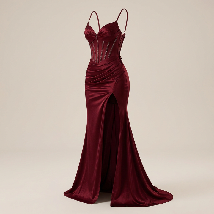 Beaded Corset High-Slit Mermaid Evening Gown-Vyana Collective
