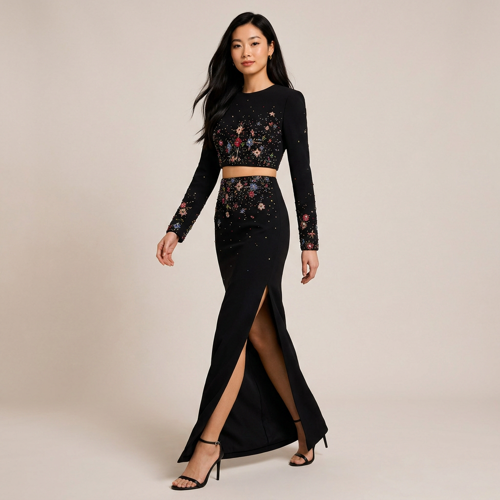 Beaded Crop Top and High Slit Maxi Skirt Set for Friday Night Vibes Women-Vyana Collective