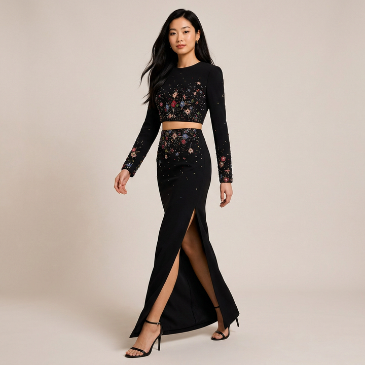 Beaded Crop Top and High Slit Maxi Skirt Set for Friday Night Vibes Women-Vyana Collective