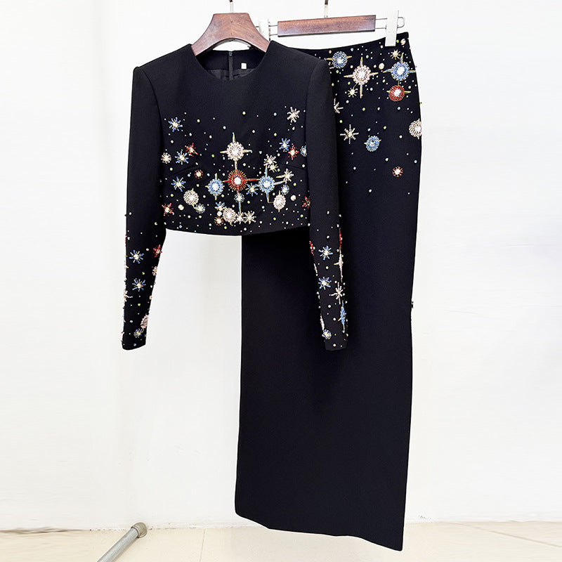 Beaded Crop Top and High Slit Maxi Skirt Set for Friday Night Vibes Women-Vyana Collective