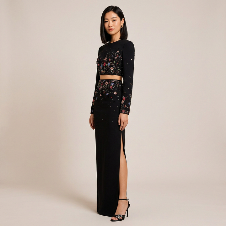 Beaded Crop Top and High Slit Maxi Skirt Set for Friday Night Vibes Women-Vyana Collective