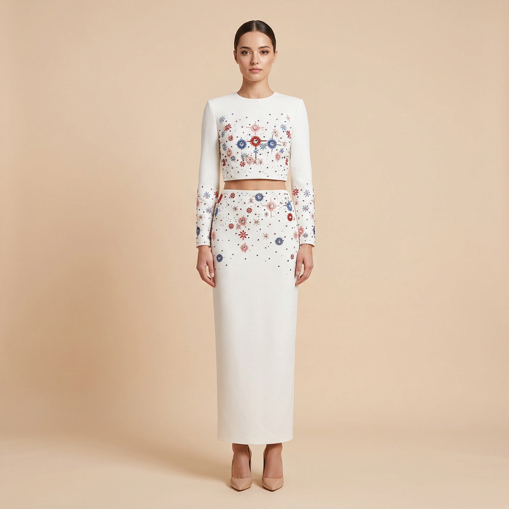 Beaded Crop Top and High Slit Maxi Skirt Set for Friday Night Vibes Women-Vyana Collective