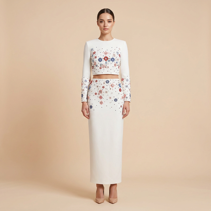 Beaded Crop Top and High Slit Maxi Skirt Set for Friday Night Vibes Women-Vyana Collective