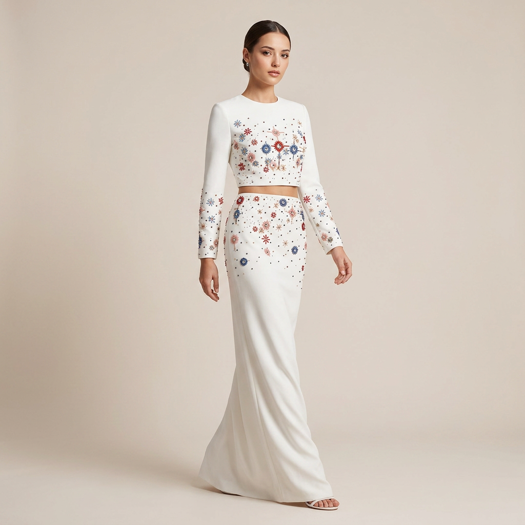Beaded Crop Top and High Slit Maxi Skirt Set for Friday Night Vibes Women-Vyana Collective