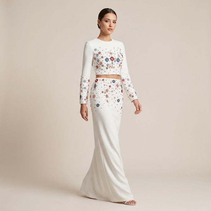 Beaded Crop Top and High Slit Maxi Skirt Set for Friday Night Vibes Women-Vyana Collective