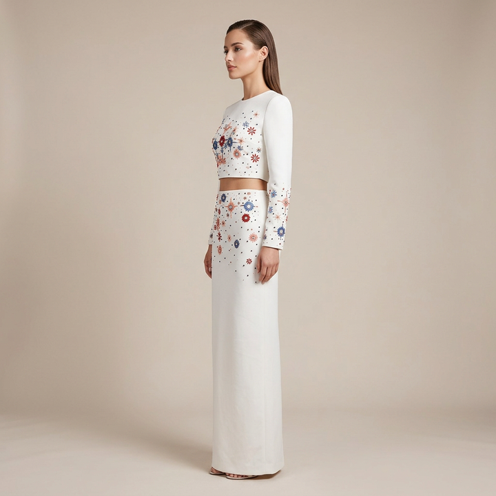 Beaded Crop Top and High Slit Maxi Skirt Set for Friday Night Vibes Women-Vyana Collective