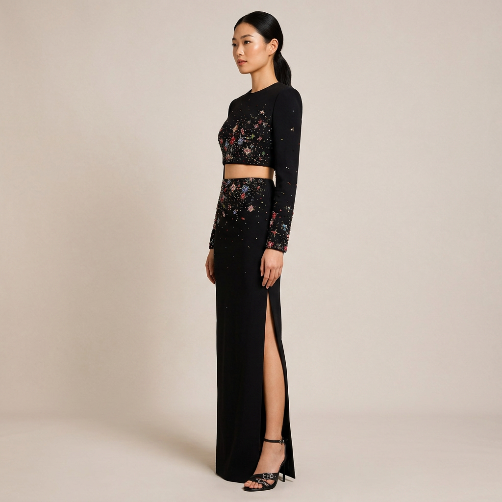 Beaded Crop Top and High Slit Maxi Skirt Set for Friday Night Vibes Women-Vyana Collective