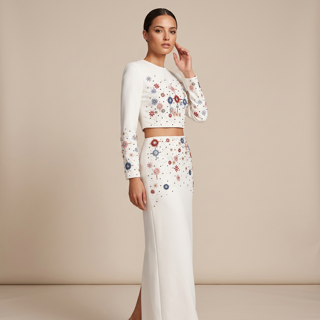 Beaded Crop Top and High Slit Maxi Skirt Set for Friday Night Vibes Women-Vyana Collective