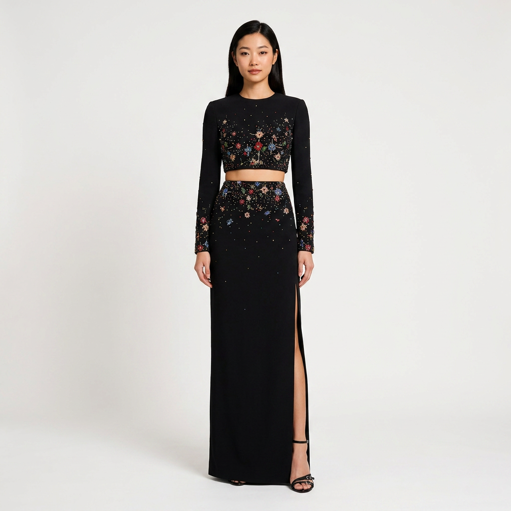 Beaded Crop Top and High Slit Maxi Skirt Set for Friday Night Vibes Women-Vyana Collective