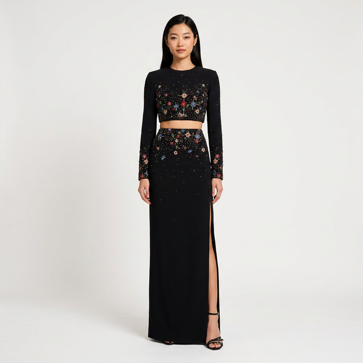 Beaded Crop Top and High Slit Maxi Skirt Set for Friday Night Vibes Women-Vyana Collective