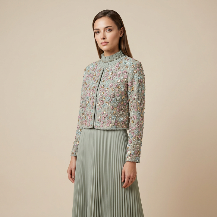 Beaded Cropped Jacket &amp; Pleated Maxi Dress Two-Piece Set-Vyana Collective