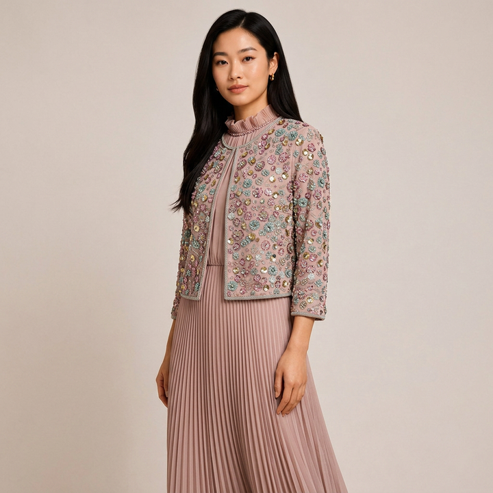 Beaded Cropped Jacket &amp; Pleated Maxi Dress Two-Piece Set-Vyana Collective