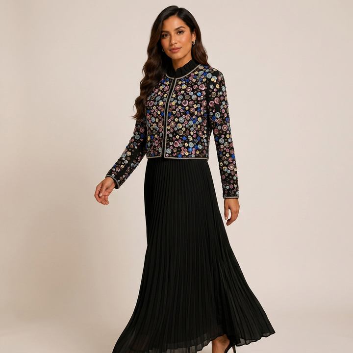 Beaded Cropped Jacket &amp; Pleated Maxi Dress Two-Piece Set-Vyana Collective