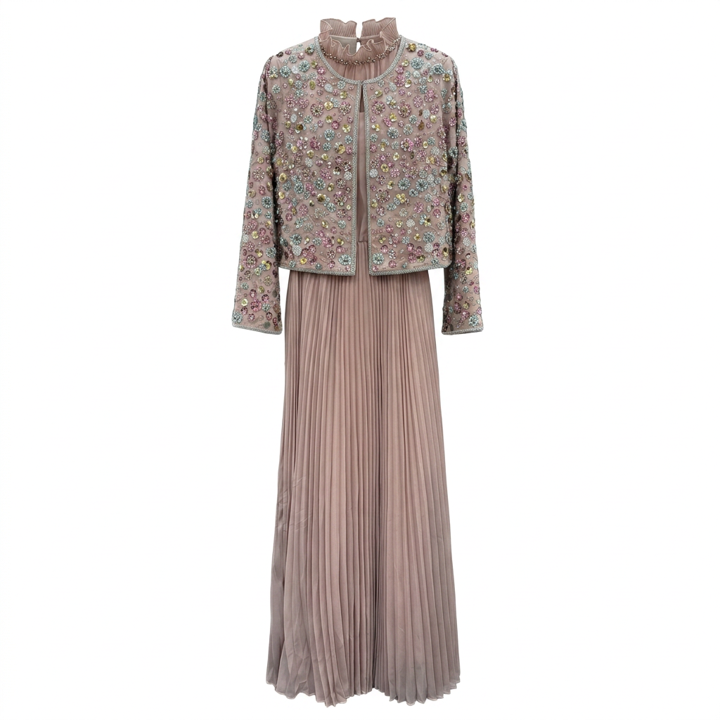 Beaded Cropped Jacket &amp; Pleated Maxi Dress Two-Piece Set-Vyana Collective