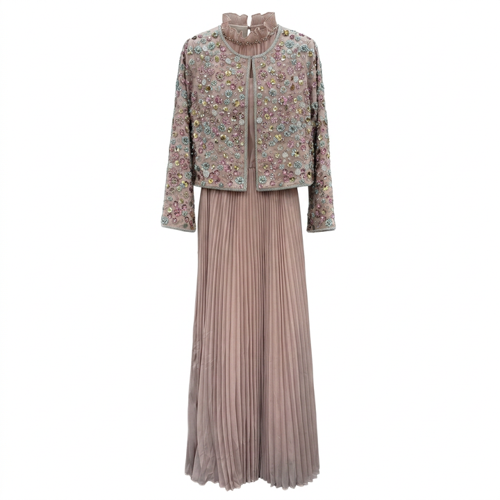Beaded Cropped Jacket &amp; Pleated Maxi Dress Two-Piece Set-Vyana Collective