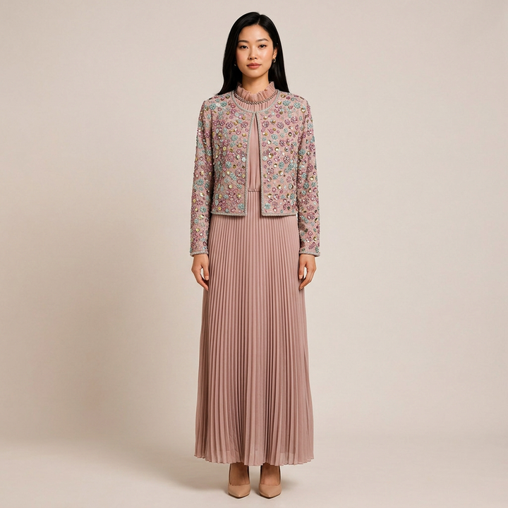 Beaded Cropped Jacket &amp; Pleated Maxi Dress Two-Piece Set-Vyana Collective
