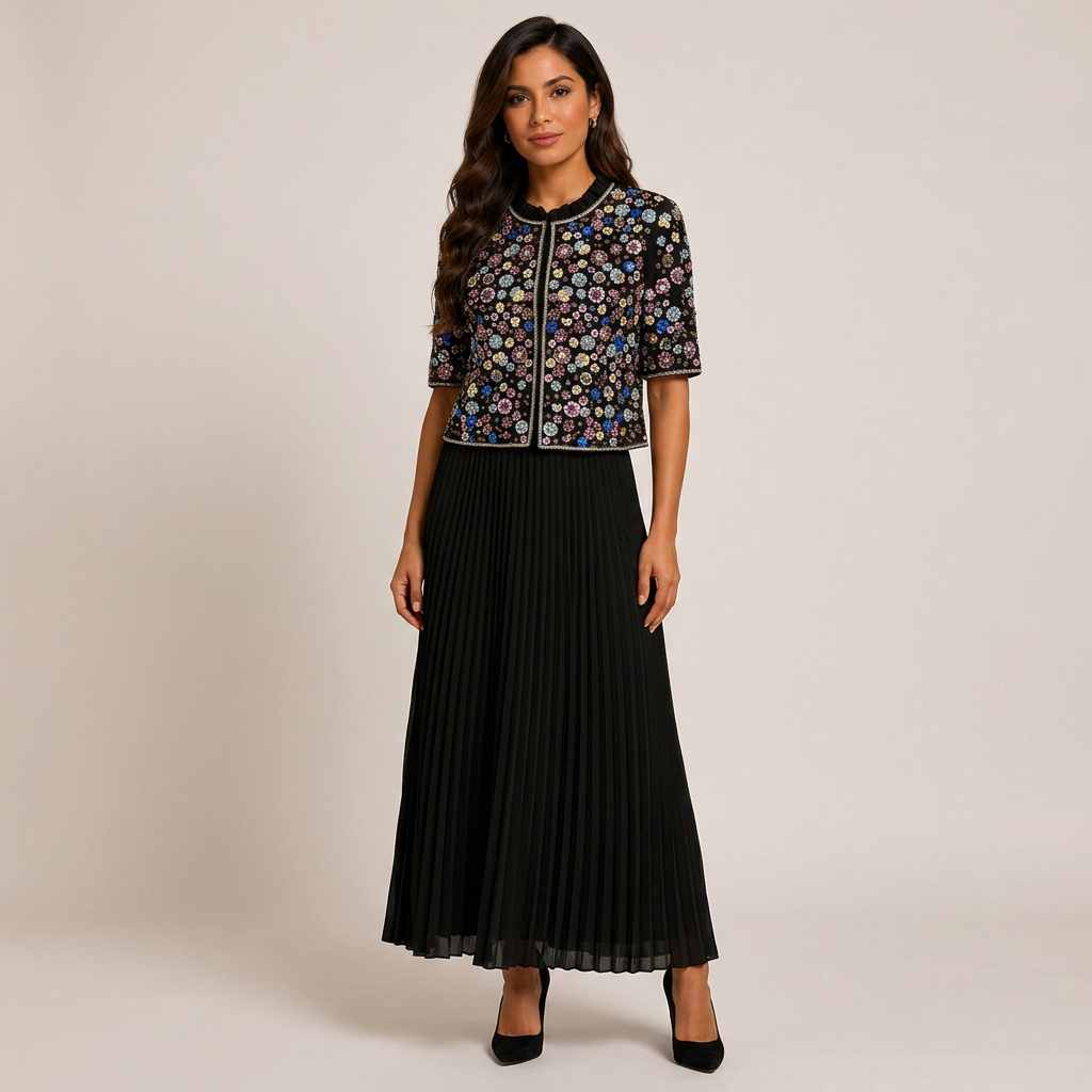 Beaded Cropped Jacket &amp; Pleated Maxi Dress Two-Piece Set-Vyana Collective