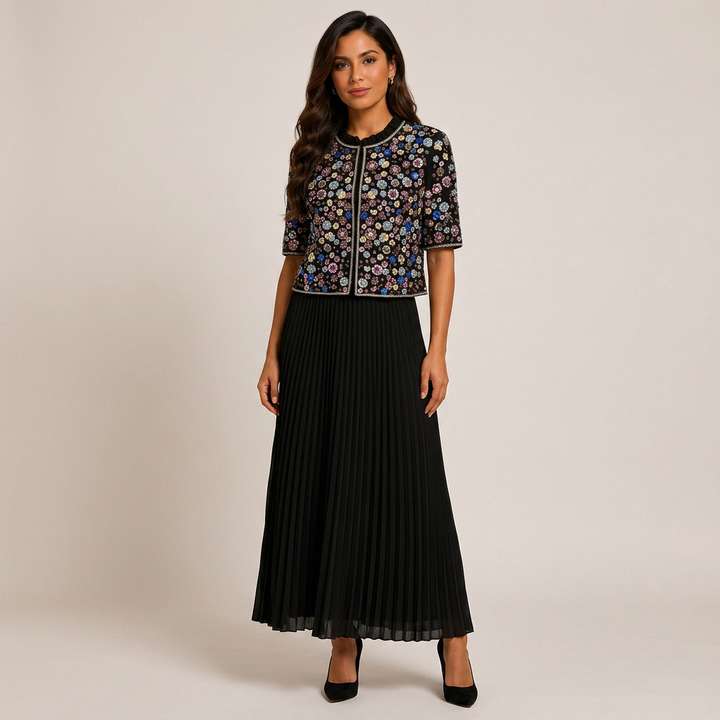 Beaded Cropped Jacket &amp; Pleated Maxi Dress Two-Piece Set-Vyana Collective